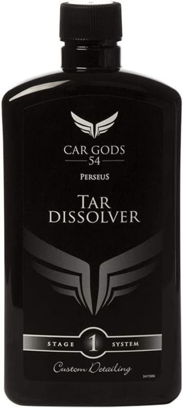 A black bottle labeled "Car Gods S4 Perseus Tar Dissolver, Stage 1 System, Custom Detailing" designed for car detailing excellence.