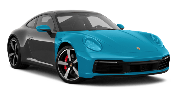 A meticulously maintained two-door sports car, likely a Porsche 911, flaunts a sleek combination of teal and black paint with black wheels and red brake calipers. The exceptional car detailing highlights every curve.