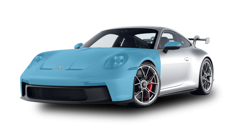 A modern sports car with a blue front and a white rear, featuring sleek aerodynamics, large alloy wheels, and a rear spoiler. This vehicle is enhanced with paint protection film (PPF) for added durability.