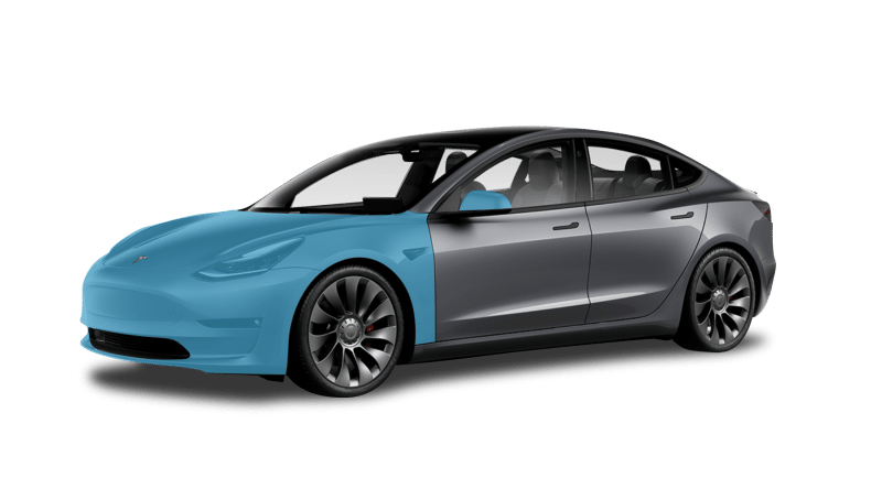 A silver and blue electric sedan with sleek design and dark tinted windows, viewed from the side. The vehicle features modern styling, large alloy wheels, and a protective ceramic coating.