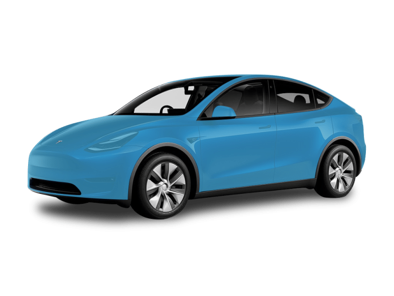 A blue, modern electric car with sleek, curved shapes is displayed, enhanced by professional car detailing for a pristine finish.