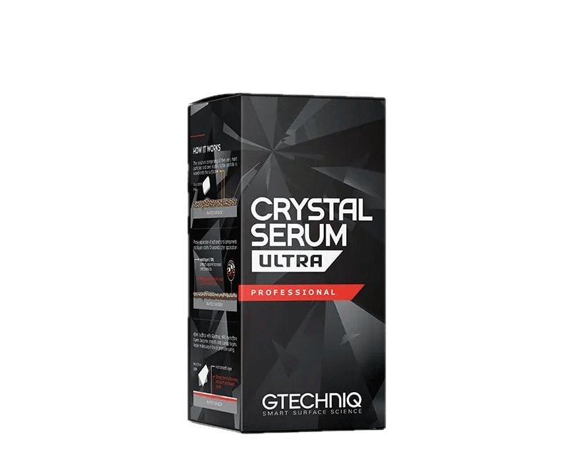 A rectangular black and gray box labeled "Crystal Serum Ultra Professional" by Gtechniq, used for car surface protection and detailing. Perfect for enhancing your vehicle's finish, with detailed product information on the sides.