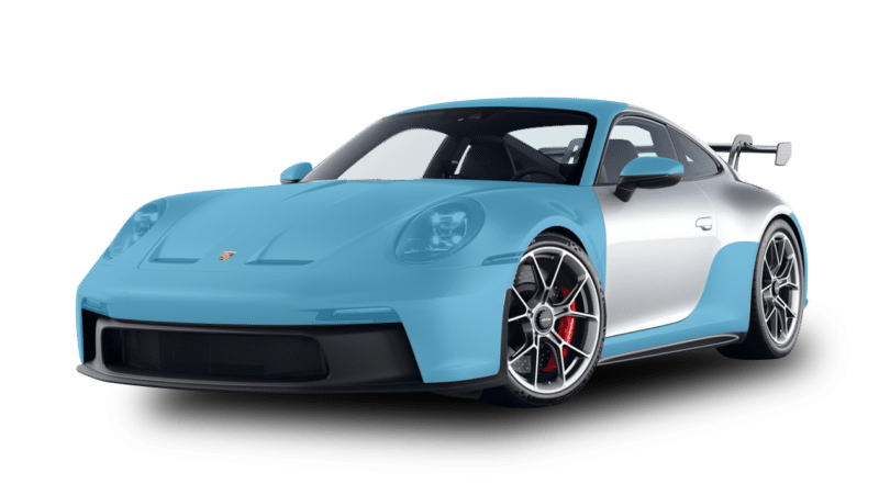 A blue and white sports car with black accents and red brake calipers is shown from an angle. The sleek, aerodynamic styling is enhanced by car detailing, and the large black and silver wheels add to its stunning appearance.